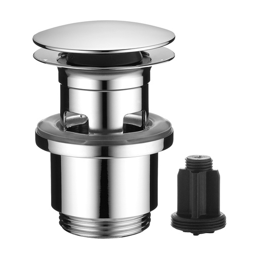 [1621C1338] Bonde soupape d'écoulement 1 1/4" Push open fonction 2 en 1 (AVA E INOX), appuyez pour ouvrir et fermer verrouillable en position ouverte, adapté aux lavabos avec ou sans trop-plein, ACIER INOXYDABLE BROSSÉ