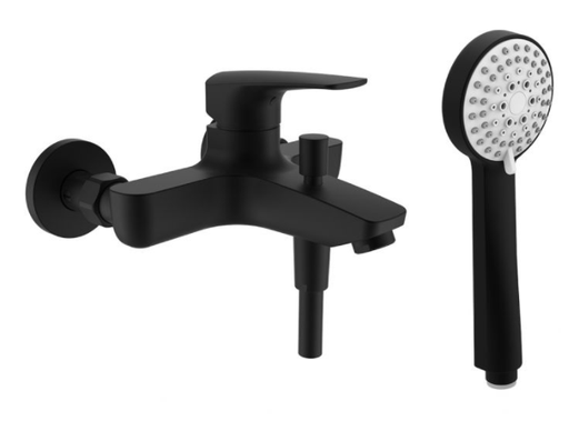 [1621M0844] Mélangeur de bain LAURIN E 153 mm, raccords d'arrêt flexible de douche 160 cm douche à main 1 jet, groupe acoustique I, noir mat
