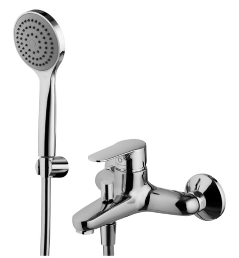 [1621M0865] Mélangeur de bain mural complet SERIE22, E 153 mm, avec raccords d'arrêt 1/2" x 3/4", flexible 150 cm et douchette à main, support mural, classe bruit 2, chromé