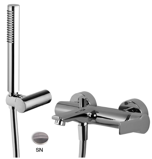 [1621H0935] Mélangeur de bain MAST écartement 153 mm raccords d'arrêt 1/2" x 3/4" avec douchette à main 1 jet et flexible 150 cm, nickel brossé