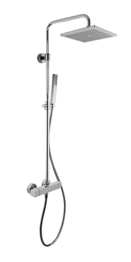 [1621H0940] Colonne de douche (MAST carrée) réglable en hauteur, thermostatique corps froid E 153 mm, tête de douche carrée laiton 250x250 mm, flexible 1500 mm, douchette à main carrée 1 jet, avec raccords d'arrêt 1/2" x 1/2", chromé