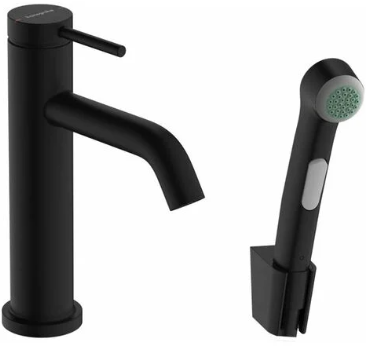 [1621C2000] Mélangeur de lavabo TECTURIS S 110, S 116 mm, goulot fixe hauteur d'écoulement 105 mm EcoSmart+, avec douche à main bidette et tuyau de douche 160 cm, avec vidage Push-Open débit 5 l/min, noir mat