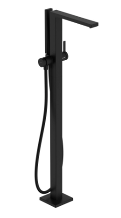 [1621C2051] Mélangeur de bain Tecturis E - S 194 mm, goulot fixe H jusqu'à aérateur 895-975 mm avec colonne pour montage à pose libre, douche à main bâton, tuyau de douche support de douche, sans corps à encastrer 758 415, noir mat