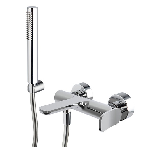 [1621C2150] Mélangeur de bain FLO - E 153 mm, avec deux raccords réglables Ballofix 1/2" - 3/4", Flexible chromalux 1500 mm, support douchette et douchette à main, CR Chromé