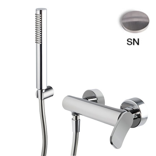 [1621C2155] Mélangeur de douche FLO - E 150 mm, avec deux raccords réglables Ballofix 1/2" - 1/2, Flexible chromalux 1500 mm, support douchette et douchette à main, SN Nickel Brossé