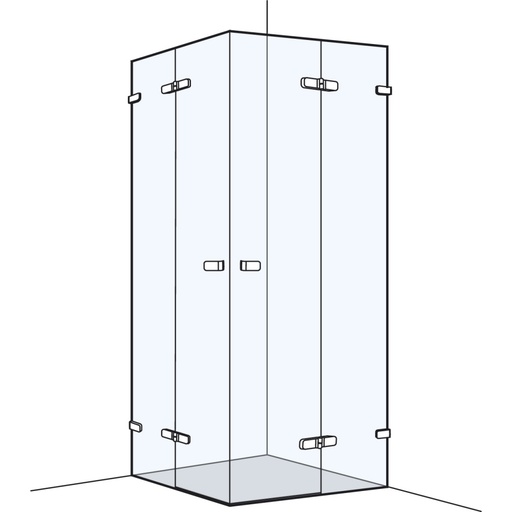 [1613S0053] Entrée diagonale S505 70-100 x 70-100 cm, H 200 cm 2 portes pivotantes et 2 éléments fixes, sans cadre coude et charnières chrome profil contre l'éclaboussement MESURES EXACTES SELON PRISE DE MESURE, verre véritable clair, chromé brillant