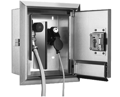 [1621C0963] Armoire à encastrer MINI-TRESOR 24,5 x 28,35 x 12 cm, acier inoxydable, robinet 1/2" STANDARD cadre 30 x 33,8 cm, porte avec clapet de sécurité pour raccordement tuyau d'eau et câble électrique, serrure prise électrique Schuko 230 V